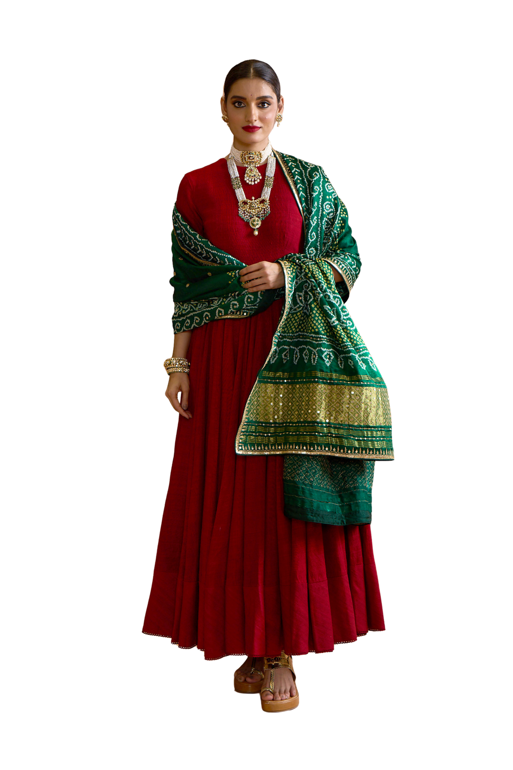 Angoori - Wine Red & Green Anarkali Set