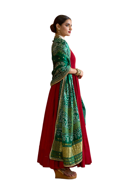 Angoori - Wine Red & Green Anarkali Set