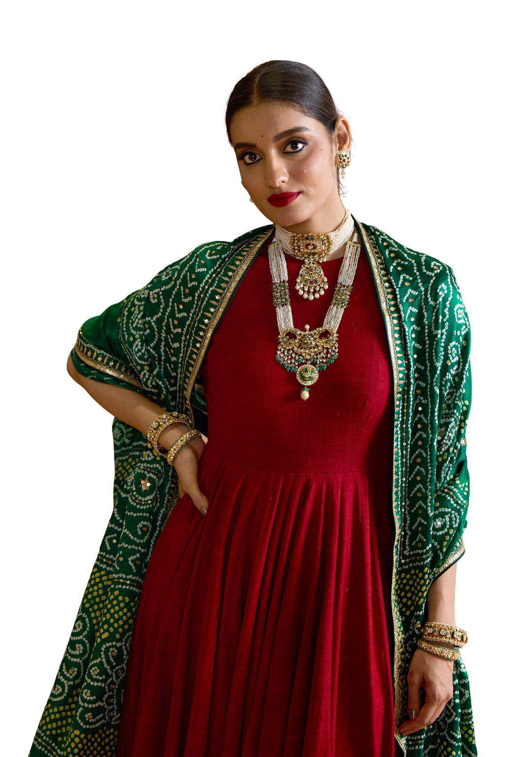 Angoori - Wine Red & Green Anarkali Set